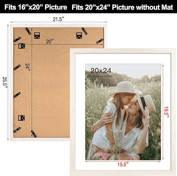 20x24 Picture Frame with Mat for 16x20 Set of 3, Rustic White Wood Grain 20x24 Frame for Wall Mounting (3 Pack, White)