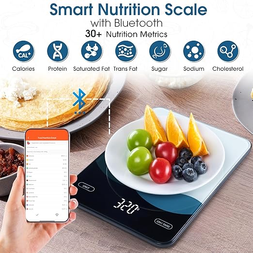 AIMILAR Smart Kitchen Scale - 10kg/22lb Rechargeable Food Scale with Nutritional Calculator, Calorie Counting, Tare Function, USB-C Charging, in g/lb:oz/oz/ml, LED Display, Tempered Glass