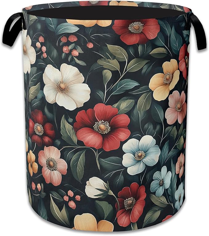 Floral Boho Laundry Basket,Foldable Oxford Cloth Pink Flower Vintage Laundry Hamper with Handles, 20.8"x16" Tote Bag Clothes Storage Bucket for Laundry Room/Bathroom/Bedroom/Dormitories