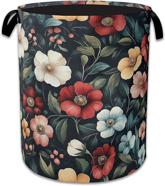 Floral Boho Laundry Basket,Foldable Oxford Cloth Pink Flower Vintage Laundry Hamper with Handles, 20.8"x16" Tote Bag Clothes Storage Bucket for Laundry Room/Bathroom/Bedroom/Dormitories