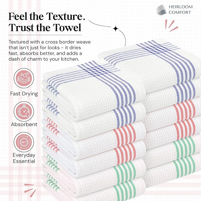 Multicolor Kitchen Towels 3 Pack, 16x26 Inch, Waffle Weave, Quick Dry, Absorbent, Durable Dish Towels for Drying, Cleaning, Cooking, Daily Kitchen Use, Indigo Blue, Red, Dark Green