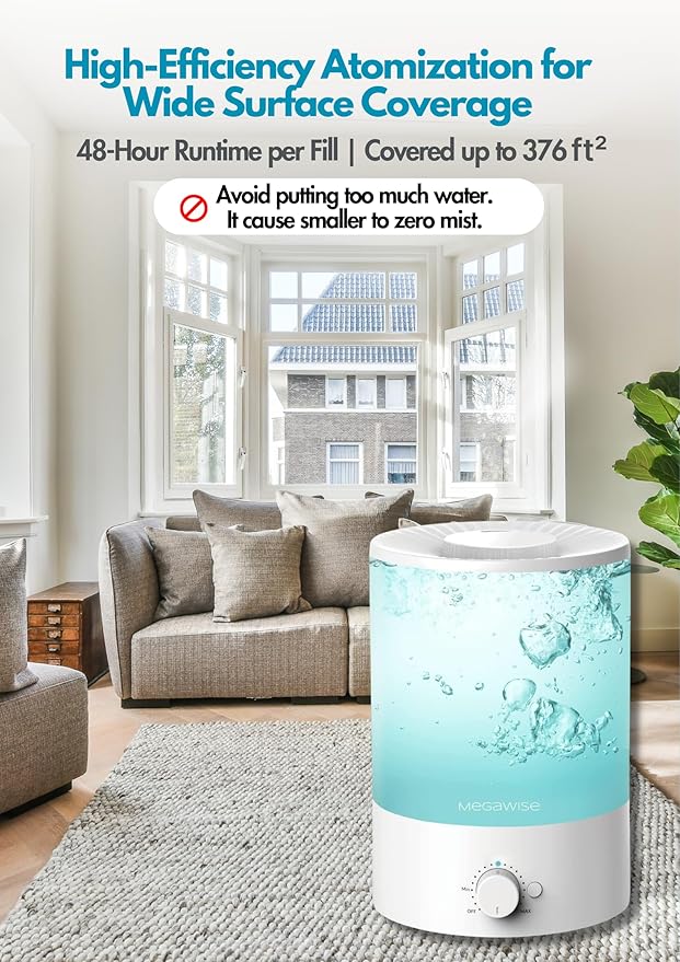 MEGAWISE 2 pack 3.5L Ultrasonic Cool Mist Humidifier – Top-Fill, Essential Oil Diffuser, Quiet Operation, Night Light, Auto Shut-Off for Home & Office (2)
