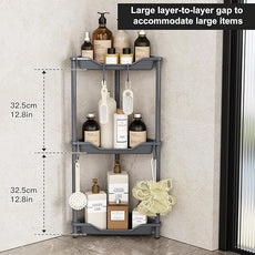 Orimade Rustproof 3 Tier Floor Standing Corner Shower Caddy Organizer, Plastic Metal Splicing Floor Corner Shelf Rack Stands for Bathroom, Grey