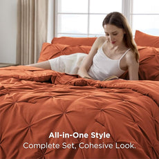 Bedsure Twin Comforter Sets - 5 Pieces Pintuck Bedding Sets Twin Size, Pinch Pleat Burnt Orange Bed in a Bag Twin with Comforter, Sheets, Pillowcase & Sham
