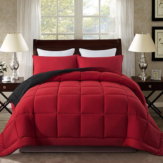 DOWNCOOL Queen Comforter Set -All Season Bedding Comforters Sets with 2 Pillow Cases-3 Pieces Bedding Sets Queen -Down Alternative Red/Black Queen Size Comforter Sets(88"x92")