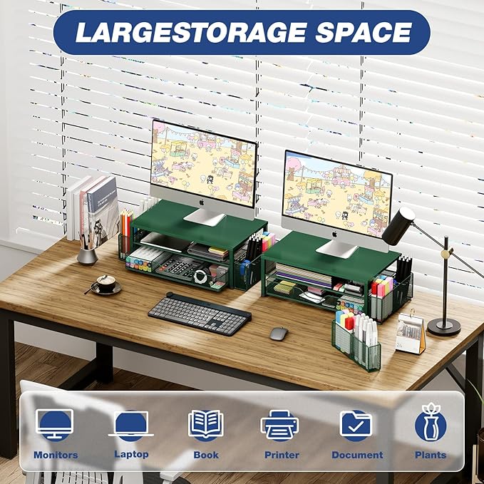 OPNICE Desk Organizers and Accessories, 2-Tier Computer Monitor Stand Riser with Drawer and 2 Pen Holders, Laptop Stand, Office Desk Accessories for Office Supplies, Dark Green