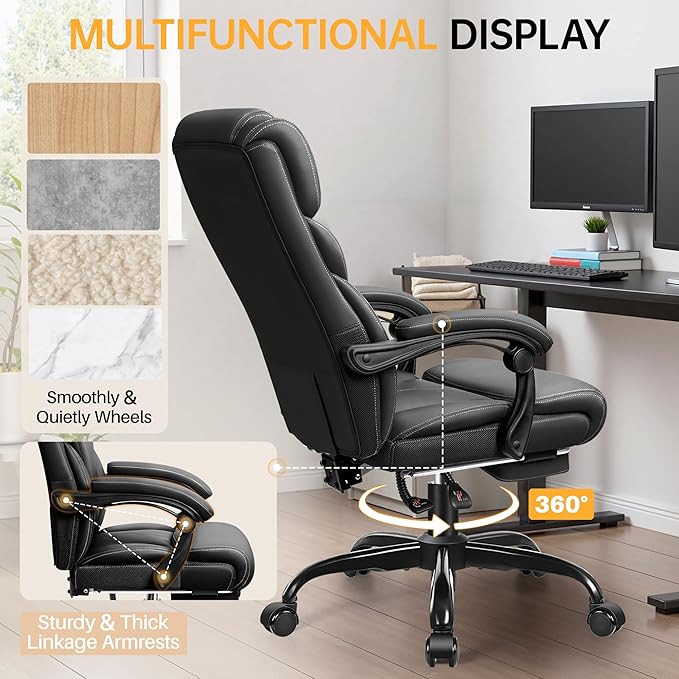 Office Chair, Executive Big and Tall Leather Desk Chairs with Footrest, Ergonomic Breathable Computer Chair with Adjustable High Back, Lumbar Support Swivel PC Chairs with Rocking Function