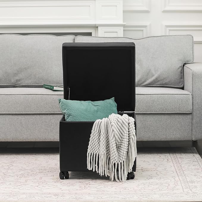 Ottoman with Wheels, 17 Inch Ottoman Footstool with Wheels, Small Square Faux Leather Ottomans Foot Rest Black Rolling Storage Bench, Hassocks and Ottomans, Footstools for Living Room