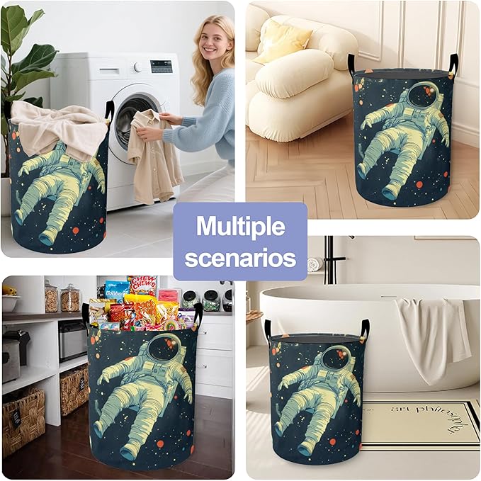 Astronauts in Space Laundry Basket-Large Foldable Hamper Holder Portable Tall Collapsible Laundry Hamper Storage Basket Bin with Handles, Canvas & Waterproof lining for Household Items