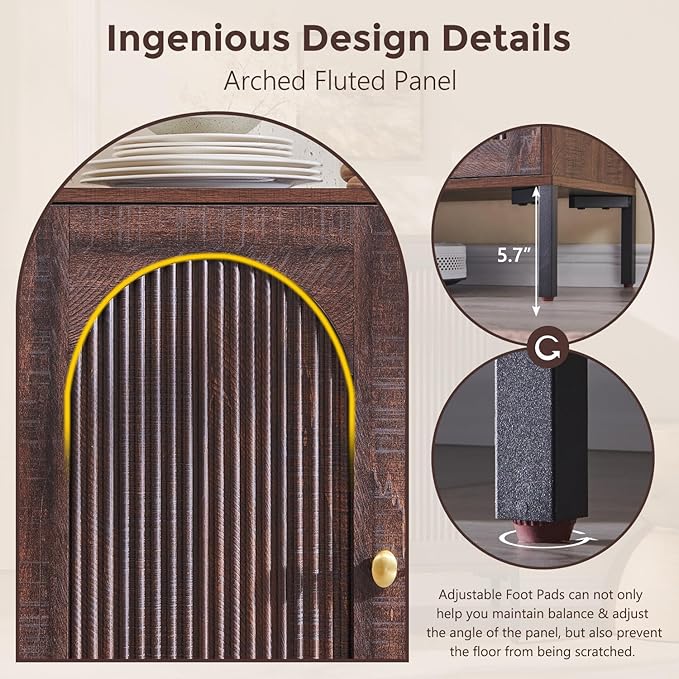 Bathroom Cabinet with Storage, 123.5" W Fluted Arched Free Standing Floor Cabinet w/Adjustable Shelves, Modern Sideboard Cabinet for Bathroom, Kitchen, Living Room, Entryway, Brown