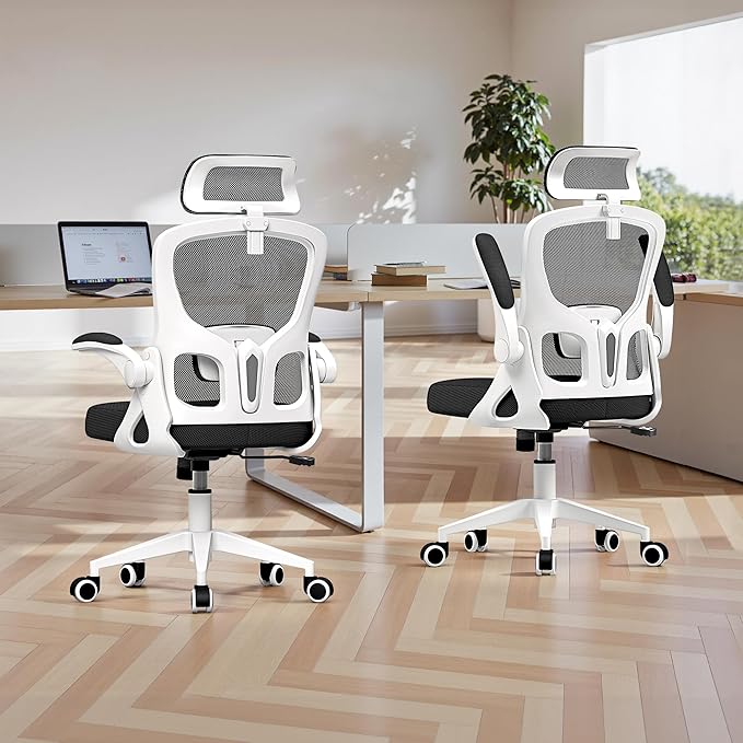 Ergonomic Office Chair - High Back Mesh Computer Desk Chair with Adjustable Lumbar Support & Headrest, Flip-Up Armrests, Tilt Function - Perfect for Gaming, Work, and Study -White