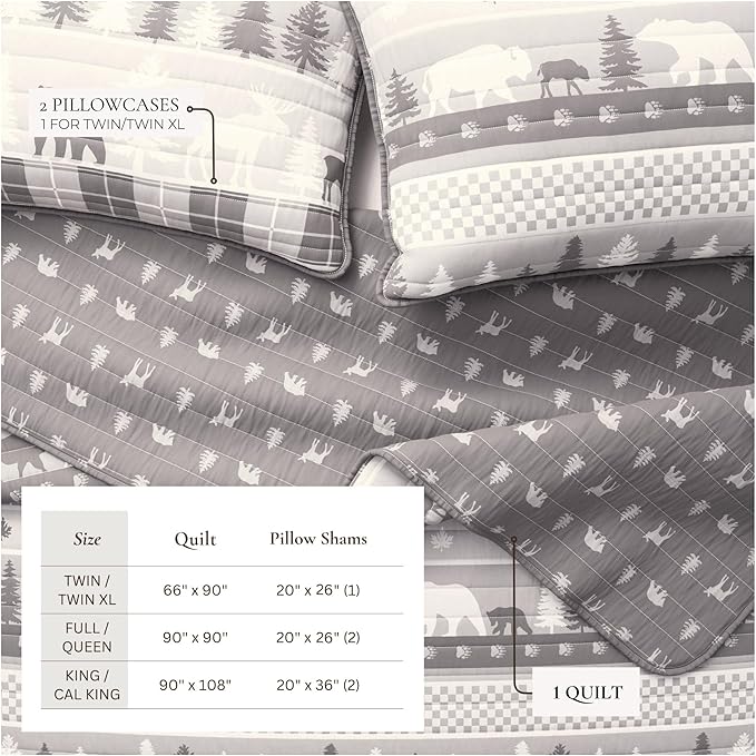 Great Bay Home Rustic Cabin Twin Size Quilt Set with Shams - All-Season, Lightweight, Reversible Bedspread - Lodge-Themed Summer Bedding Sets (Twin/Twin XL, Rustic Landscape Grey)