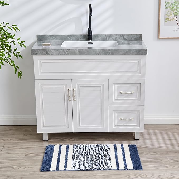 CozeCube Bath mats for Bathroom Non Slip, Fluffy Absorbent Microfiber Bath mat Washable, Aesthetic Bathroom Rugs, Small Navy Blue Striped Bath mat, Navy Blue, 24" x 16"