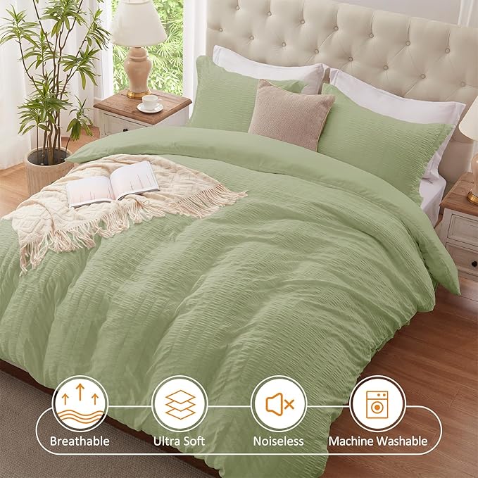 Cozyide Green Twin Duvet Cover, 2 Pieces Bedding Duvet Covers, Soft Breathable Seersucker Duvet Cover Set with Zipper Closure and Corner Ties (1 Duvet Cover 68"x90" + 1 Pillow Sham 20"x26")