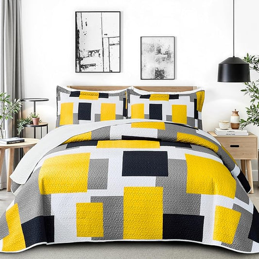 2 Piece Yellow Grey Quilt Set Twin Size Yellow Gray White Geometric Reversible Bedding Set Microfiber Lightweight Bedspread Coverlet with 1 Sham Modern Bed Cover for All Season, 68''x86''
