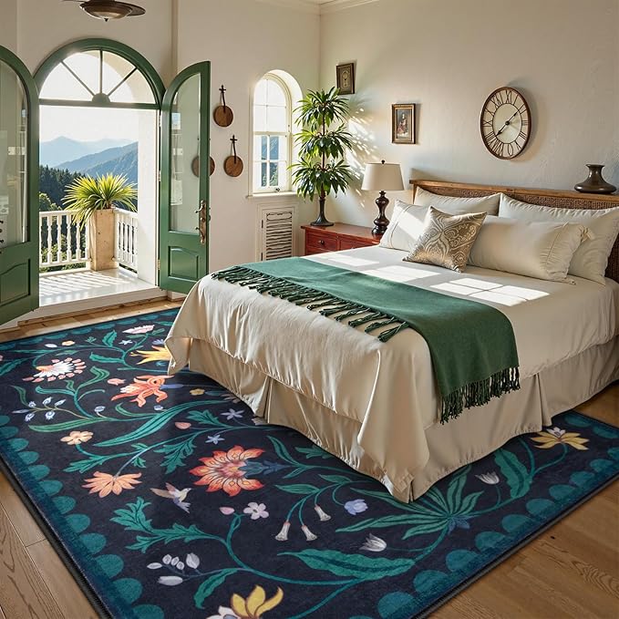 Lahome Boho Floral Washable Dark Blue 8x10 Area Rugs for Living Room, Non Slip Rugs for Bedroom, Ultra-Thin Indoor Throw Dining Room Carpet for Under Table Home Office Farmhouse(Dark Blue,8x10)