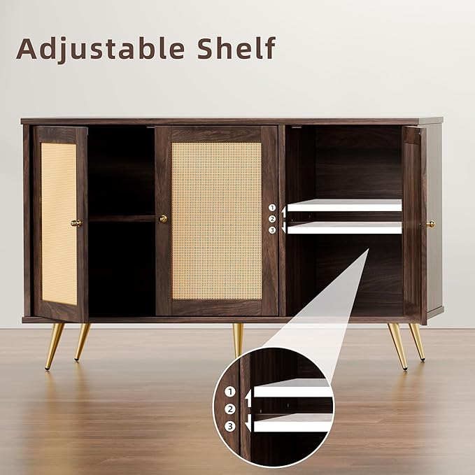 JAMFLY Buffet Cabinet With Storage, Kitchen Storage With 3 Rattan Decorated Doors, Accent Sideboard for Dining Room, Living Room, Entryway, Hallway, Walnut