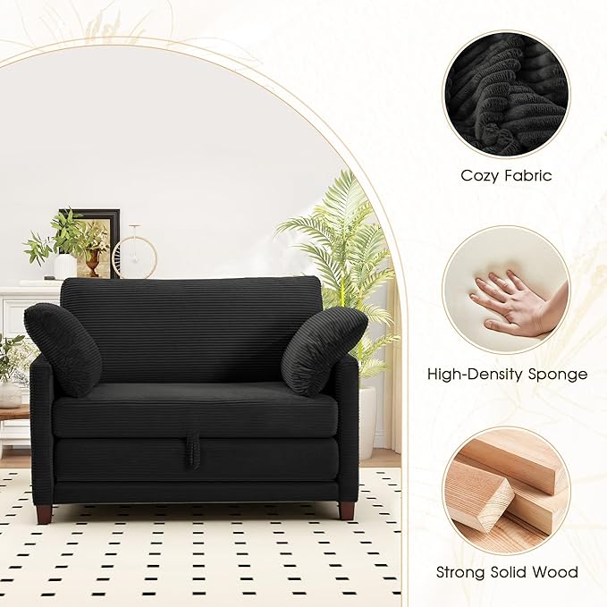 51" Convertible Loveseat Sofa Bed, 2-in-1 Folding Sofa Bed with 2 Pillow for Small Spaces, Modern Loveseat Sleeper Couch for Apartment, Living Room & Guest Room (Black Corduroy, 51 inch)