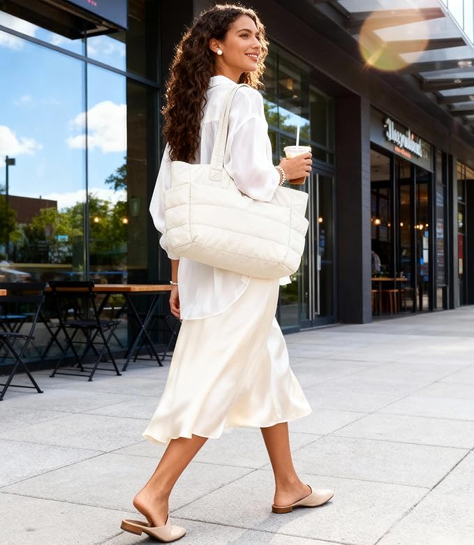Puffer Tote Bag for Women, Cute Quilted Carryall with Zippered Compartments Shoulder Bag Handbag for Work, Travel, Gym
