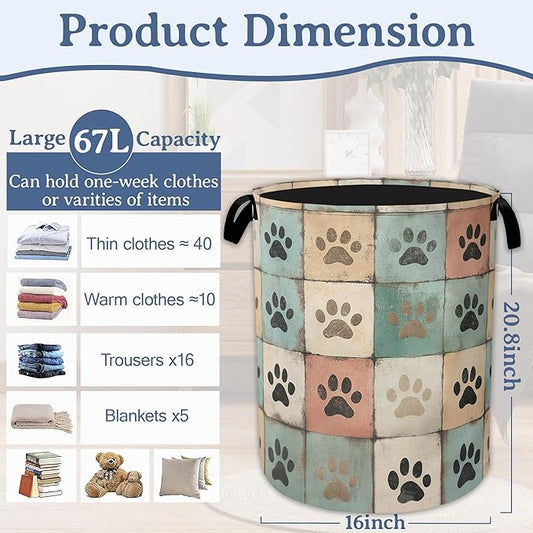 Cute Paw Print Laundry Basket,Foldable Oxford Cloth Vintage Laundry Hamper With Handle, 20.8"x16" Portable Clothes Storage Basket Bag for Laundry Room/Bathroom/Bedroom/Dormitories