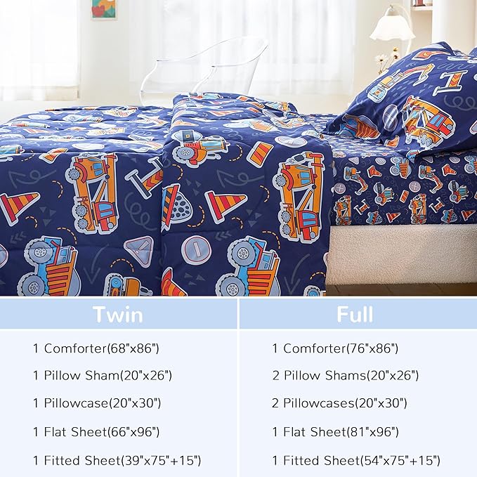 Viviland Kids Full Bedding Sets for Boys, Soft Full Comforter Set with Sheets, 7 Pieces Microfiber Bed in a Bag, Navy Blue Tractor