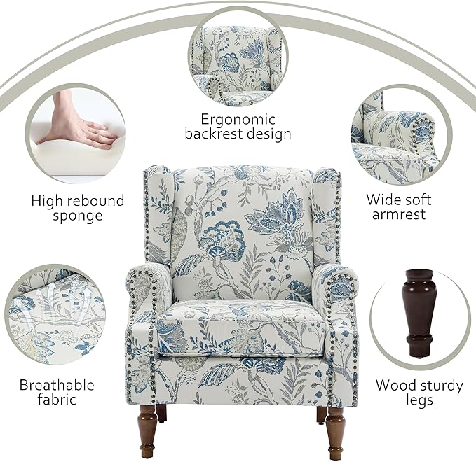 Lumibee Wingback Accent Chair, 2 Set High Back Floral Armchairs in Fabric,Comfy Upholstered Reading Single Sofa Chairs with Solid Wood Legs for Living Room,Bedroom,Office-Plants Blue