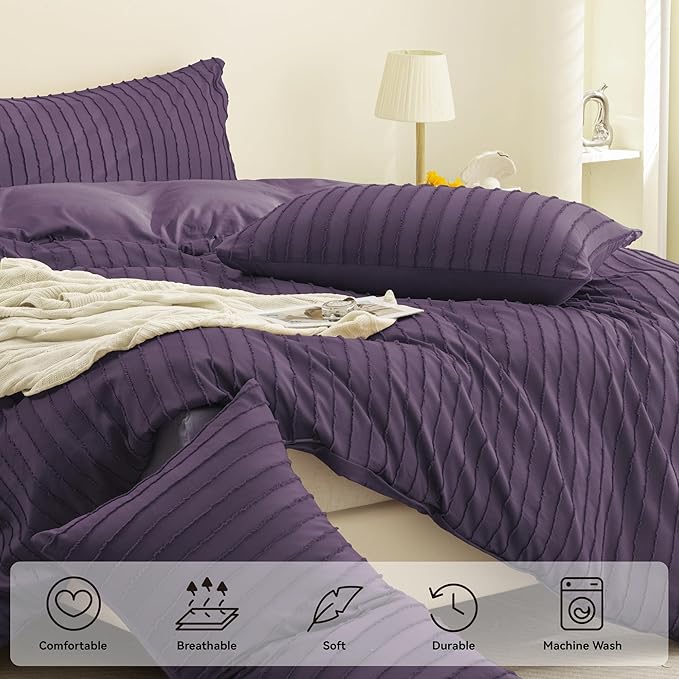 JELLYMONI Duvet Cover King Size Purple - 3PCS Boho Striped Duvet Cover Set Polyester Tufted Bohemian Textured Comforter Cover 104×90in with Corner Ties & Zipper and 2 Pillowcases