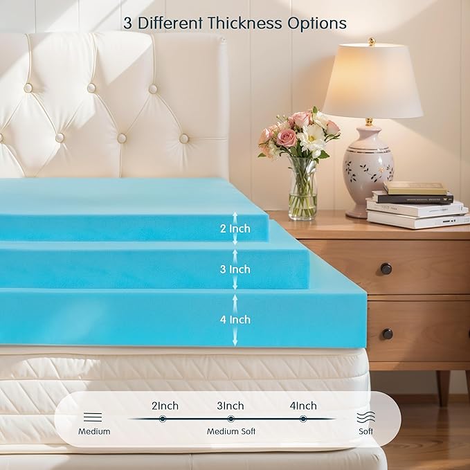 SyMax Queen Mattress Topper, Gel Infused Memory Foam Mattress Topper, Soft Bed Topper Mattress Pads for Bed, Sofa, RV, CertiPUR-US Certified, Blue, 4 Inch