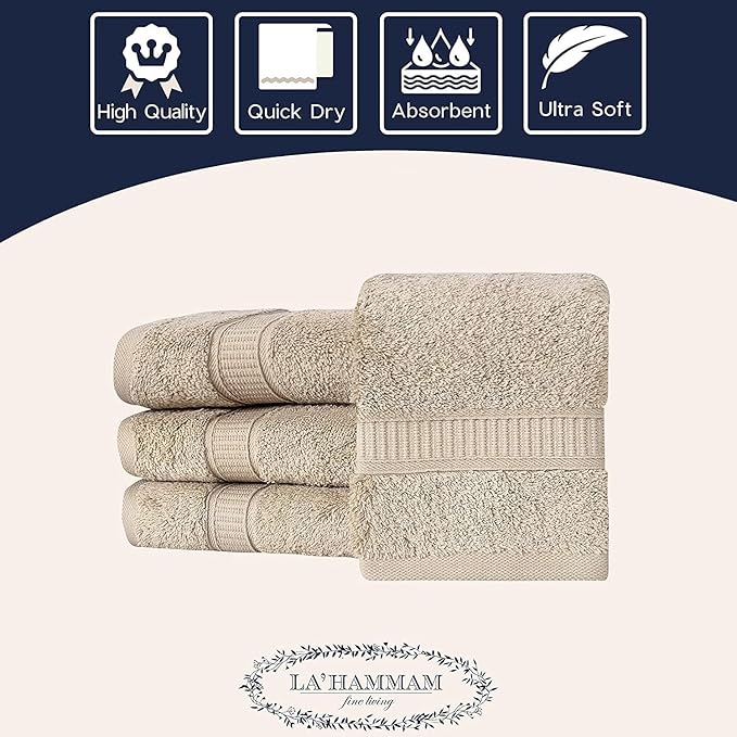 Personalized Towels, Luxury Turkish Genuine Cotton Monogrammed Towel Washcloths for Bathroom, Kitchen, Hotel, Spa, Gym & College Dorm, 2 Pack Washcloth Set for Body & Face, Baby and Adults, Beige