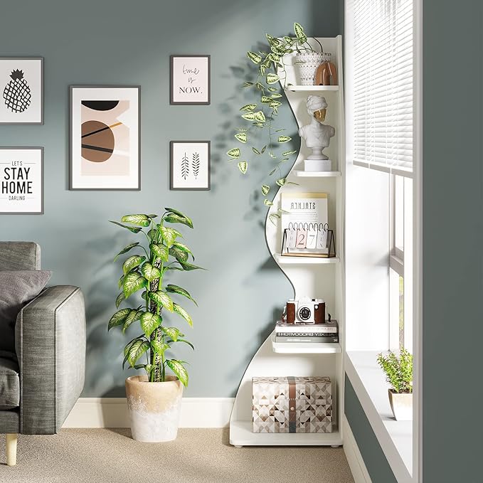 Tribesigns Corner Shelf, Modern 5-Tier Wall Corner Bookshelf Set of Two, Stylish Corner Small Bookcase Storage Rack Plant Stand for Living Room, Home Office, Kitchen, Small Space White, 2PCS