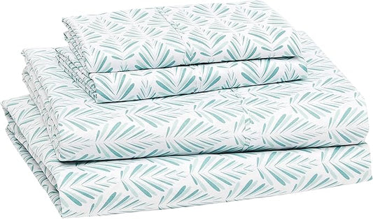 Amazon Basics Lightweight Super Soft Easy Care Comfortable Microfiber 4-Piece Bed Sheet Set with 14-Inch Deep Pockets, Queen, Aqua Fern, Printed AmazonBasics