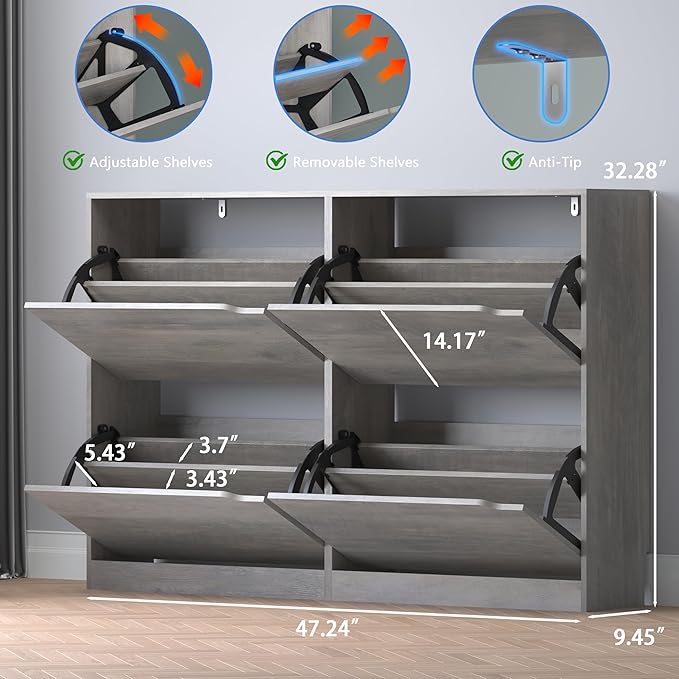 Shoe Cabinet with 4 Flip Drawers, Narrow Hidden Shoe Storage Cabinet, Slim Freestanding Shoe Rack Organizer for Entryway, Hallway, Bedroom, Living Room