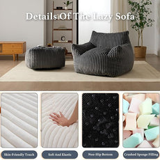 Oversized Bean Bag Chaise Lounge Chair Indoor for Adults with Armrests & Ottoman - Giant Comfy Gray Beanbag Floor Sofa Cloud Accent Chair for Reading, Gaming, Cozy Plush Cloud Mini Couch