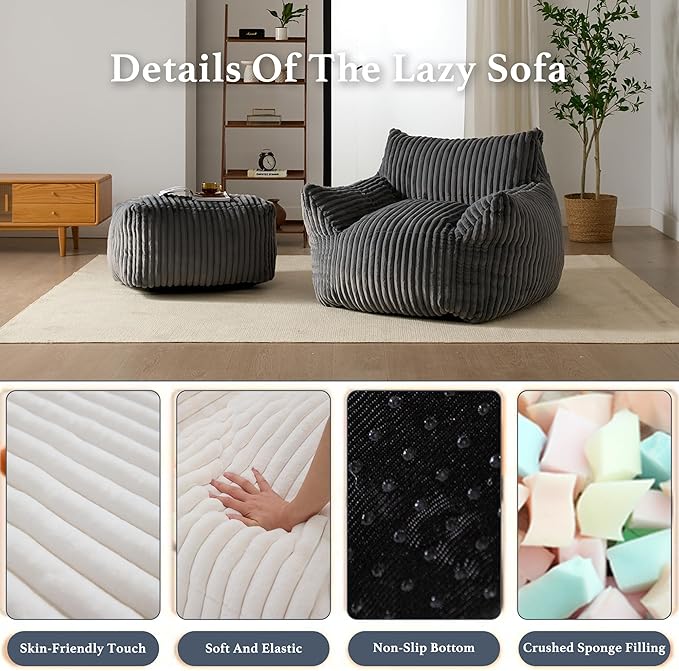 Oversized Bean Bag Chaise Lounge Chair Indoor for Adults with Armrests & Ottoman - Giant Comfy Gray Beanbag Floor Sofa Cloud Accent Chair for Reading, Gaming, Cozy Plush Cloud Mini Couch