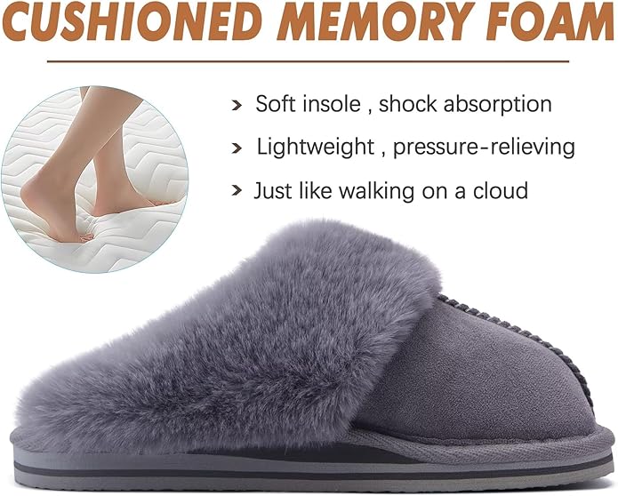 KuaiLu Womens Fluff Dual Memory Foam Slippers Ladies Cozy Arch Support Warm Scuff Slippers Slip on Comfy Winter House Shoes with Non-Slip Indoor Outdoor Hard Sole