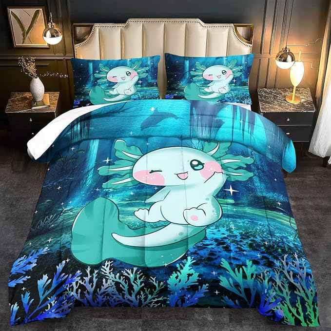 Cute Axolotl Comforter Set Kids Blue Axolotl Bedding Set Boys Girls Full Size Kawaii Ocean Animal Print Comforter Boys Girls Ocean Sealife Room Decor Blue Fish Quilt