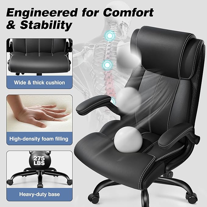 Ergonomic Office Chair - Desk Computer Chair, Leather High Back Executive Chairs with Adjustable Lumbar Support & Flip Up Arms, Rocking, Black