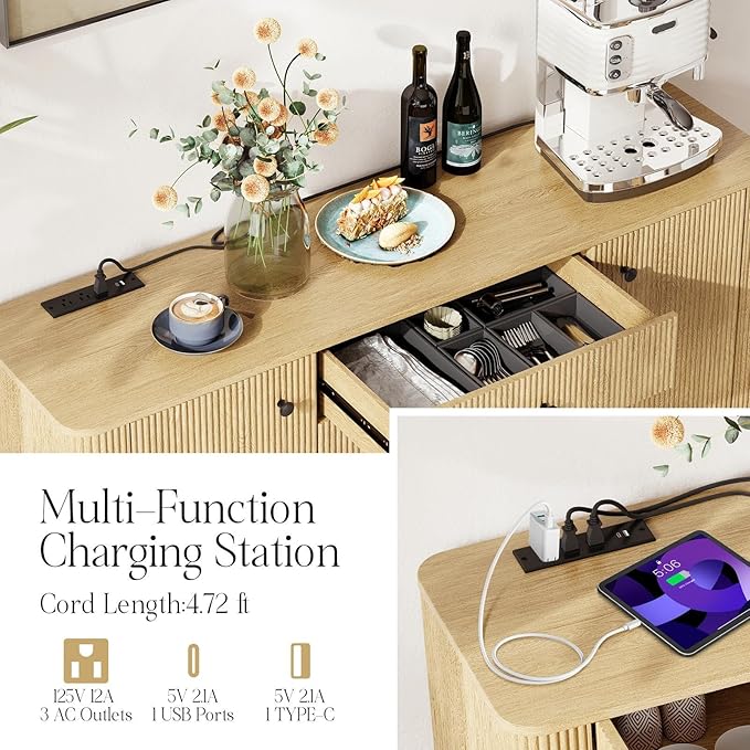 59" Sideboard Buffet Cabinet with Storage, Modern Fluted Accent Credenza with Charging Station, Wood Mid Century Buffet Table Coffee Bar Console Table with 3 Drawers & 2 Doors for Kitchen, Entryway