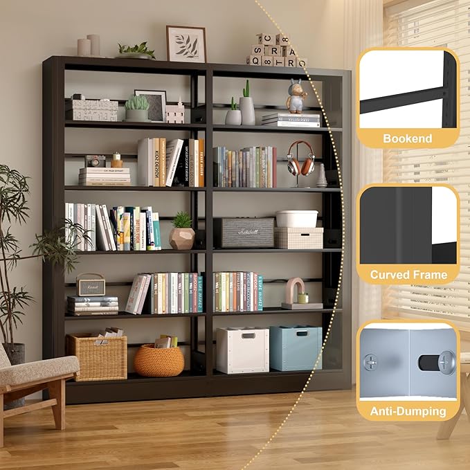 Bookshelf,5-Tier Industrial Book Shelf, White Bookcases and Bookshelves,Tall Book Shelf Storage Organizer,Freestanding for Living Room, Bedroom,Home Office,Metal (Black, Bookshelf-3)