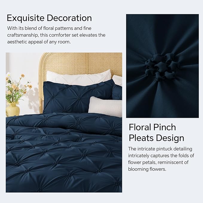 BEDELITE Navy Queen Comforter Set - 3 Pieces Boho Pintuck Bedding Comforter Sets, Lightweight Soft & Warm Bed Comforter Queen with 2 Pillowcases for All Season