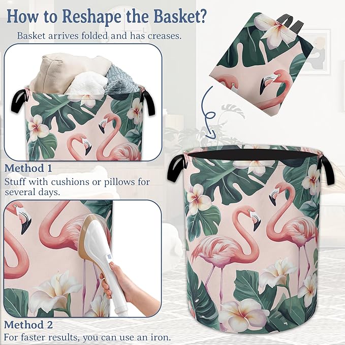 Pink Flamingo Laundry Basket,Foldable Waterproof Oxford Cloth Tote Bag Palm Leaf Laundry Hamper with Handles,20.8"x16" Clothes Storage Bucket Organizer for Laundry Room, Bathroom, Bedroom