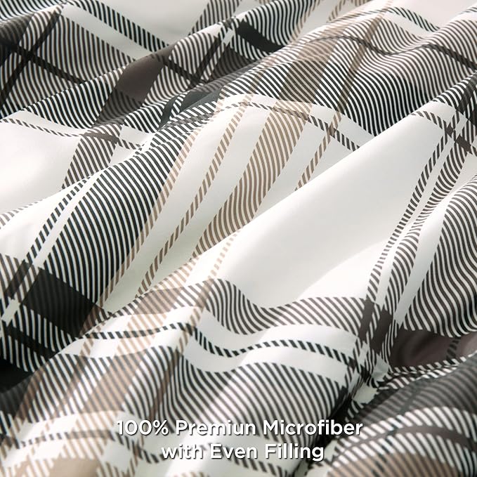 Andency Gray Brown Black Plaid Comforter Set Queen(90x90Inch), 3 Pieces Grid Gingham Stripes Bedding Comforter Sets for Boys Girls Kids Teens, Preppy Geometric Line Soft Lightweight Reversible Bed Set