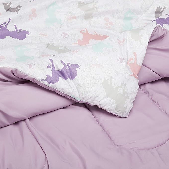 Amazon Basics Soft, Comfortable Kid's Microfiber Bed-in-a-Bag 7-Piece Bedding Set, Full/Queen, Solid & Printed, Purple Unicorns