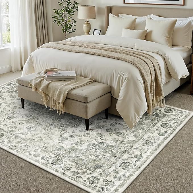 8x10 Washable Neutral Area Rug Green Vintage Living Room Bedroom Carpet Non-Slip Soft Low Pile Floral Indoor Large Throw Rug for Dining Room Office