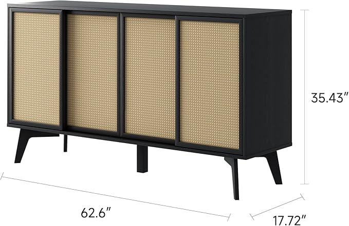 MUSEHOMEINC Large Sideboard Buffet Cabinet, 4-Rattan Door Sideboard Cabinet - Buffet Storage with Sliding Doors, Black Oak Finish for Dining Room, Kitchen, Entryway, Living Room