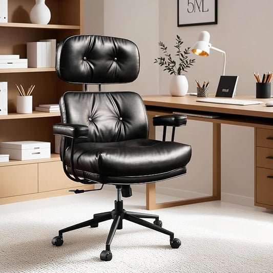 ovios Ergonomic Office Chair, High Back Faux Leather Executive Chairs with Thick Cushion, Comfy High-Century Modern Swivel Rolling Computer Armchair (Black, PU Leather)