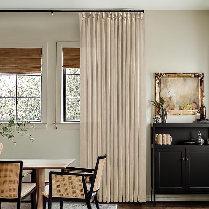 Warm Beige Linen Curtains 102 Inches Long 2 Panels for Living Room Thick Linen Flax Cloth Pinch Pleated Memory Trained Back Tab Light Filtering Semi Sheer Curtain with Hook Rings Sand Cream Neutral