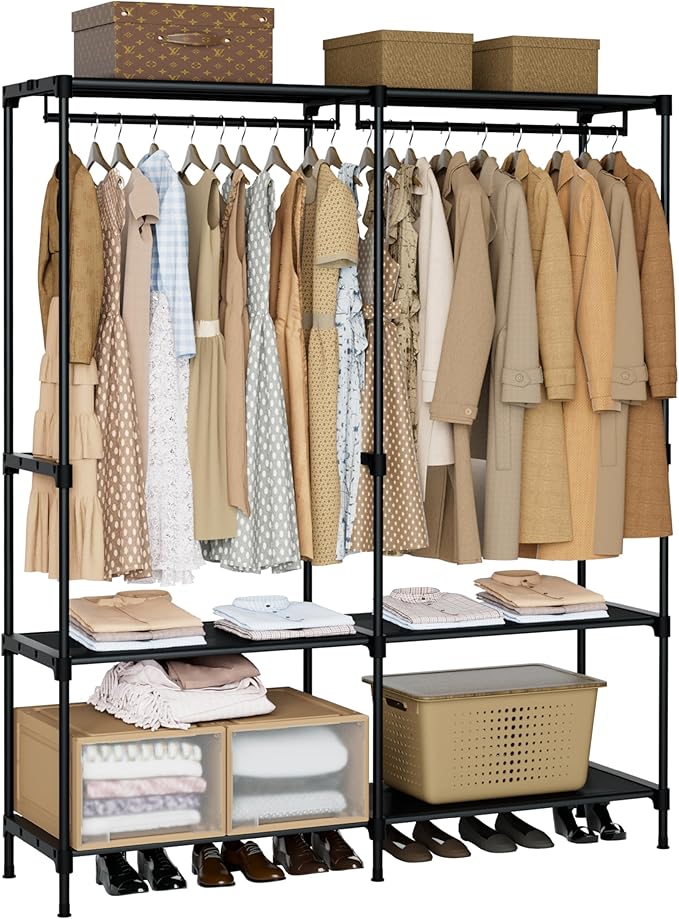 Clothes Rack, Portable Closet, 54.3 Inch Large Capacity Wardrobe Closet, Clothes Storage Organizer with Shelves and 2 Hanging Rods, Easy to Assembly, Black PCT002B01