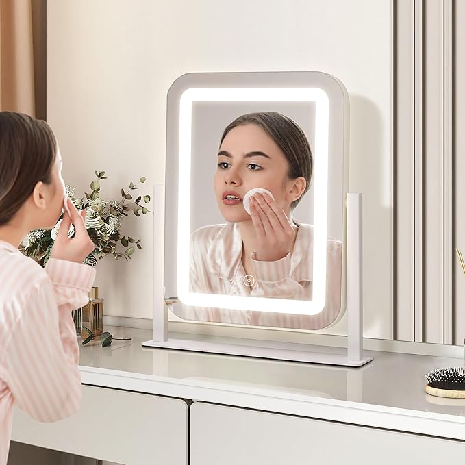 Vanity Mirror with Lights,12"×14.6" LED Makeup Mirror,Lighted Makeup Mirror with Lights, Smart Touch Control Dimmable 3 Modes Light, Lighted Up Mirror for Makeup Desk, Bedroom, Dressing Room