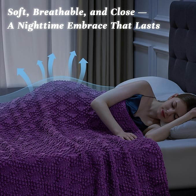Knitted Weighted Blanket for Adult, Chunky Knit Weighted Throw for Sleep 60"*80" 15lbs, Cooling Breathable Machine Washable Heavy Blanket for Room Decor (Purple, Queen)